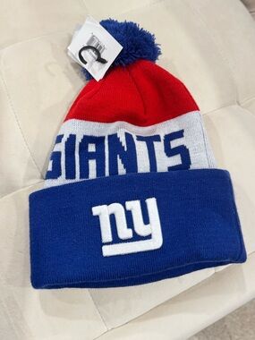 New York Giants Red, White & Blue Knit Pom Beanie - Official Team Logo fast ship